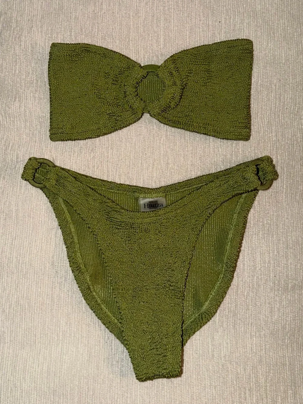 New Hunza G Green Gloria Bikini Set Swimwear One Size Metallic Moss Crinkle